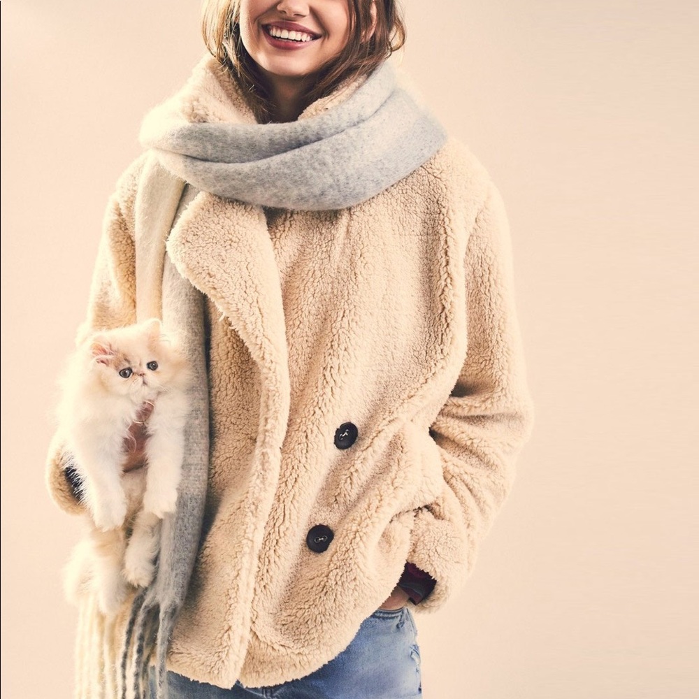 Free People Teddy Faux Fur Pea Coat S Ivory